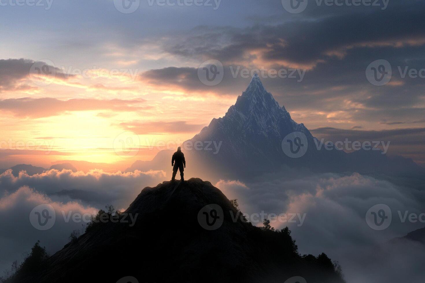 A man standing on top of a mountain at sunset photo