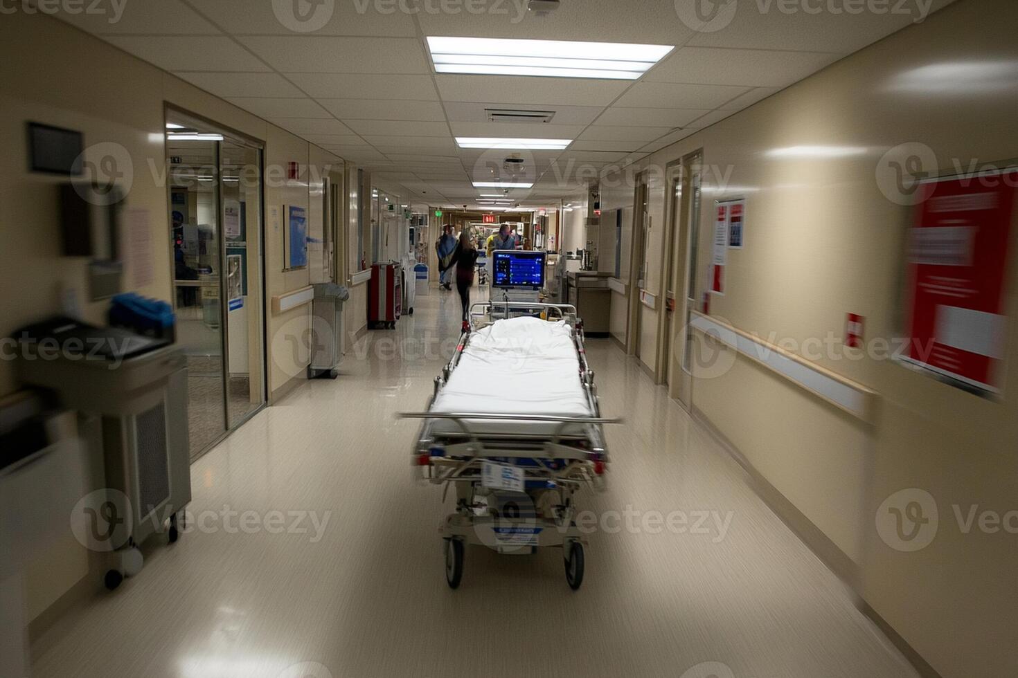 A hospital hallway with a stretcher and a person walking by photo