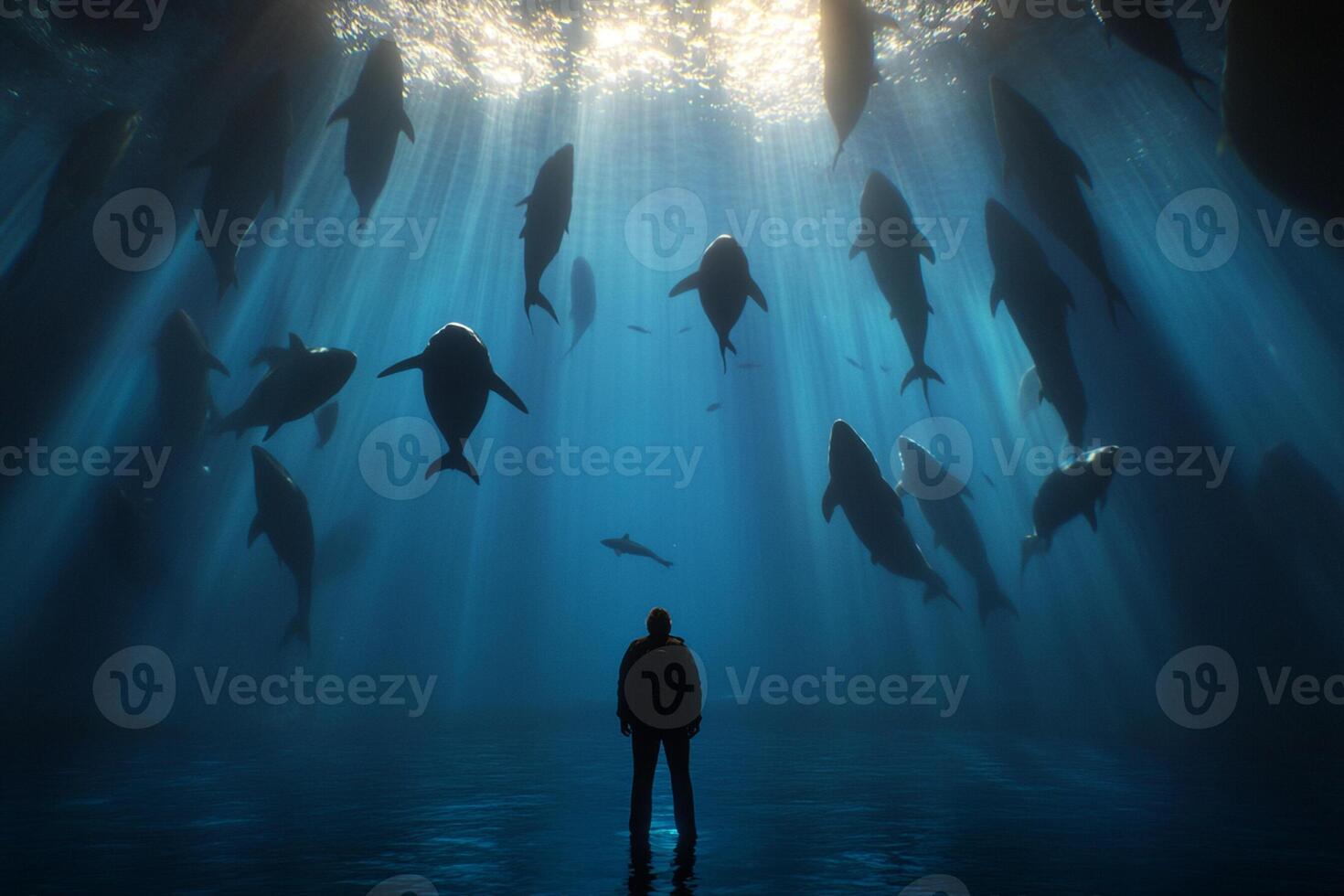 A man standing in front of a group of dolphins photo