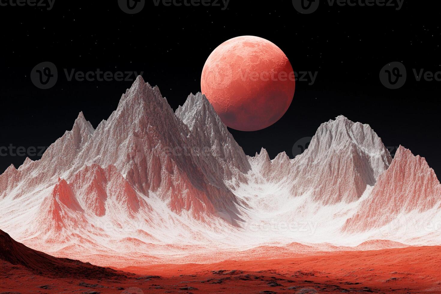 A red moon rises over a mountain range photo