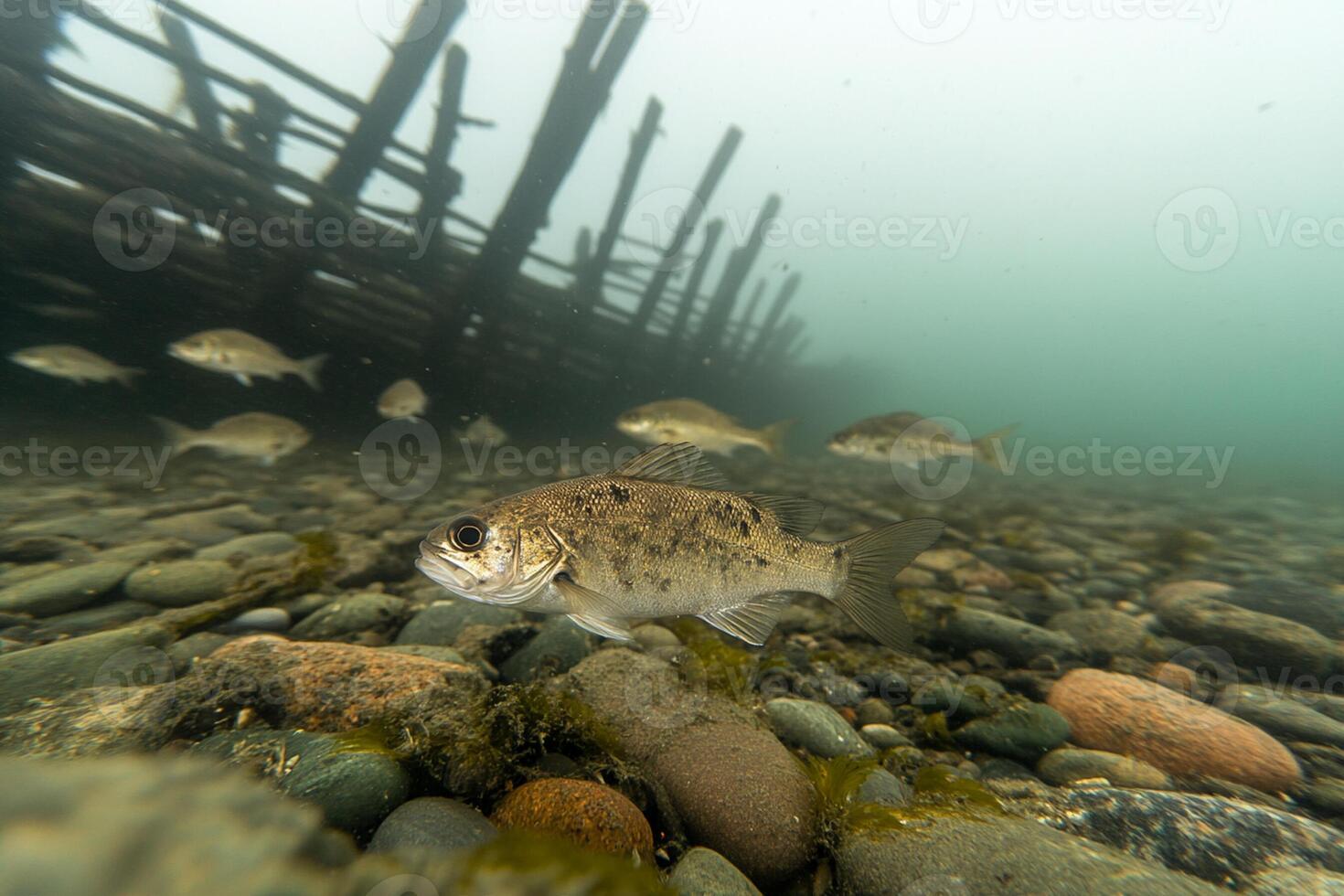 A fish swims near a wooden structure on the shore photo