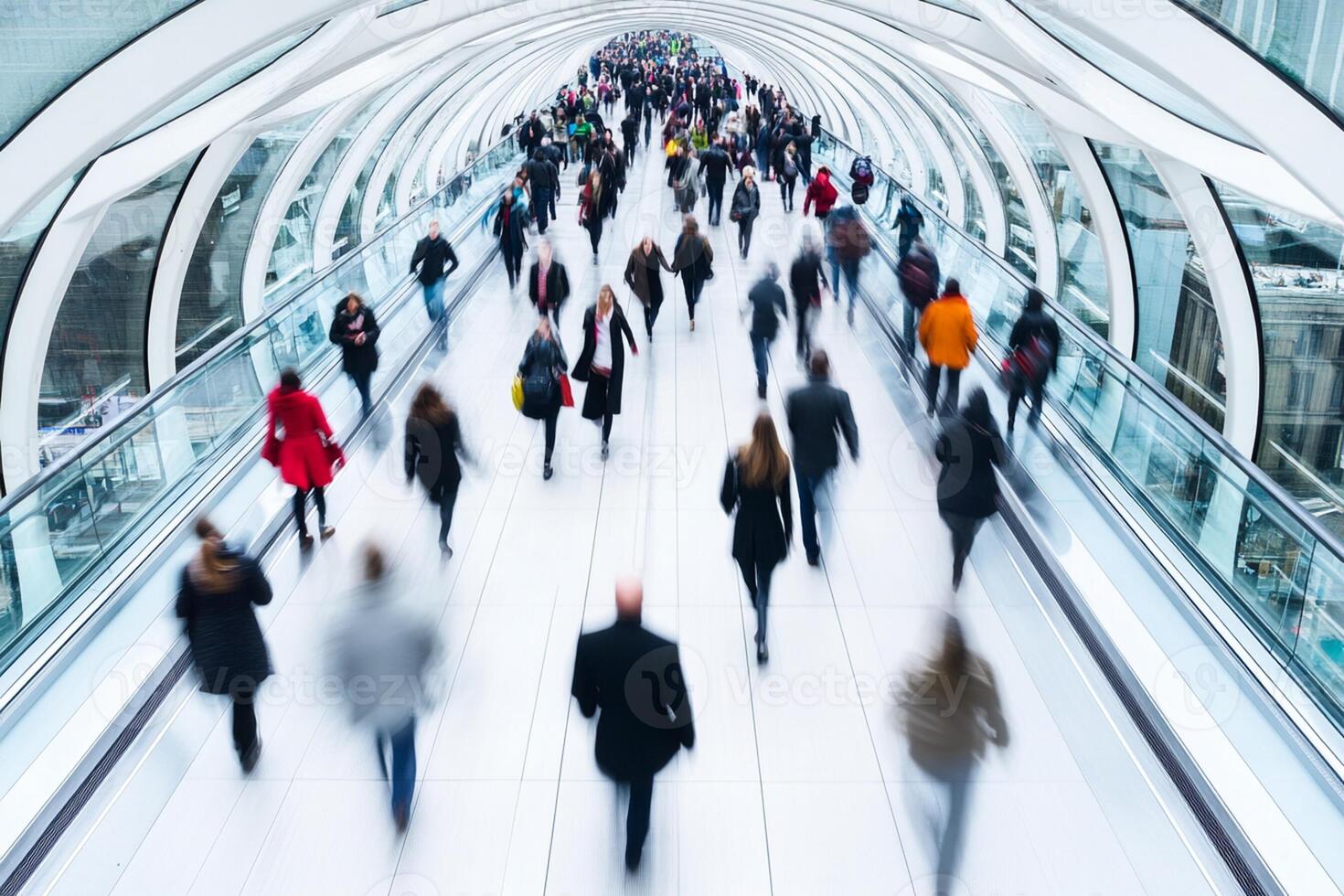 A group of people walking down an escalator photo