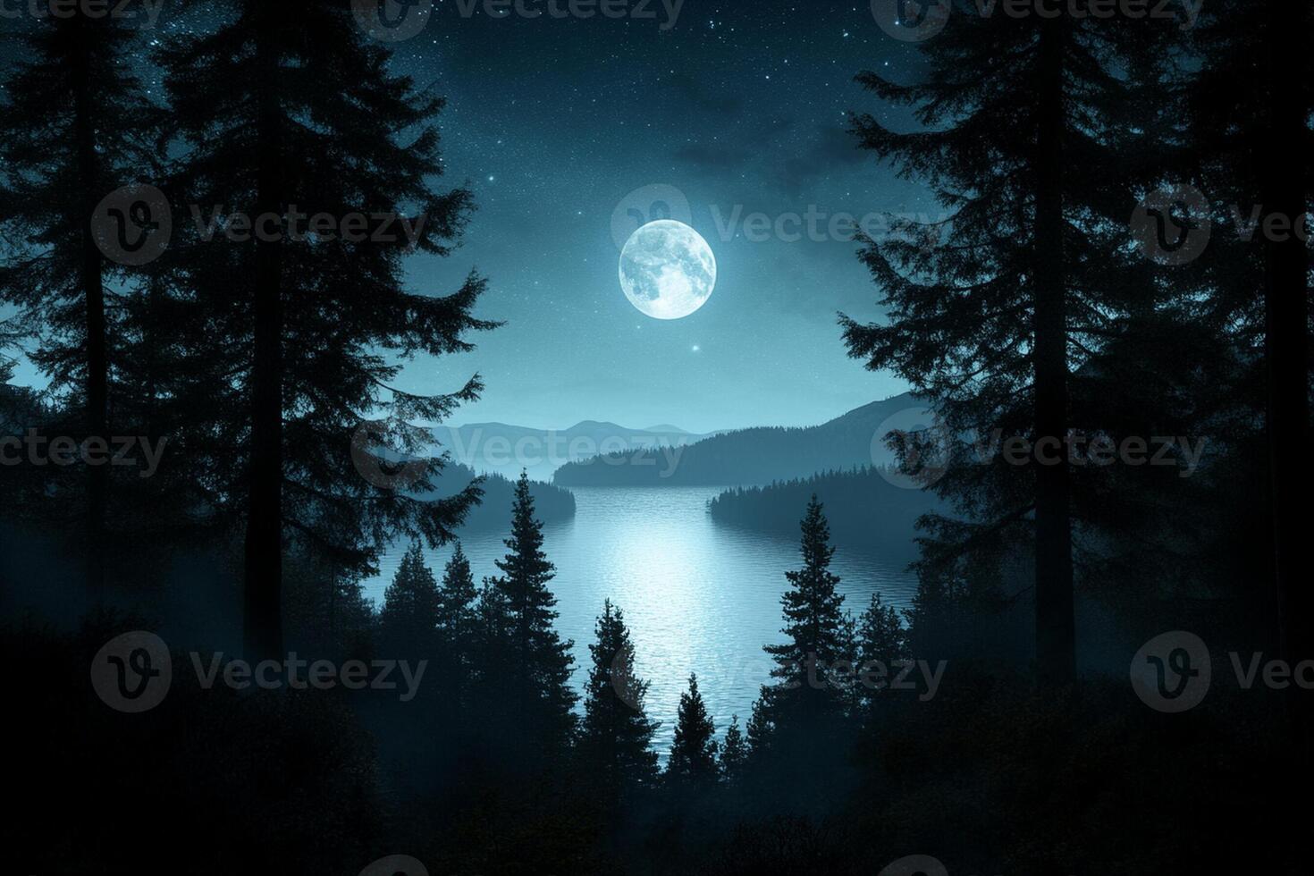 A full moon is shining over a forest and lake photo