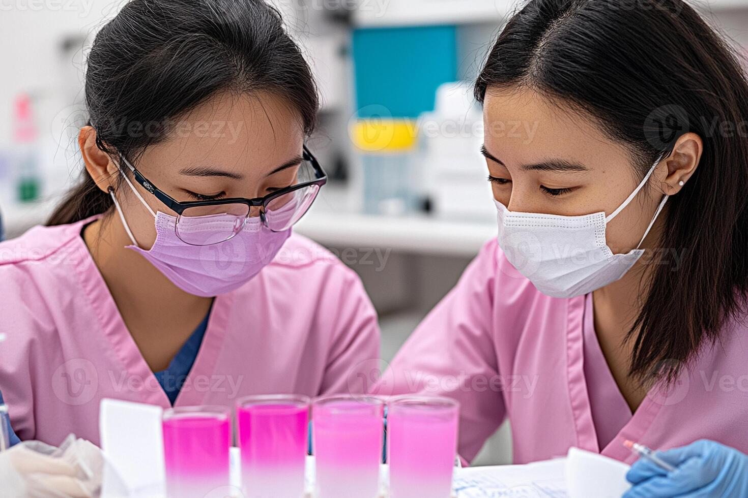Two women in lab coats and masks working on a test photo
