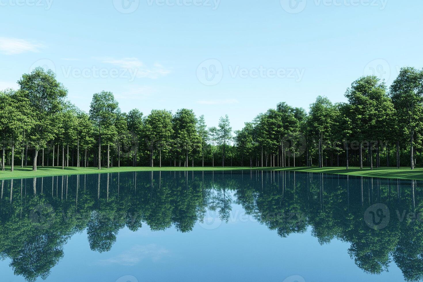 A lake surrounded by trees and grass photo
