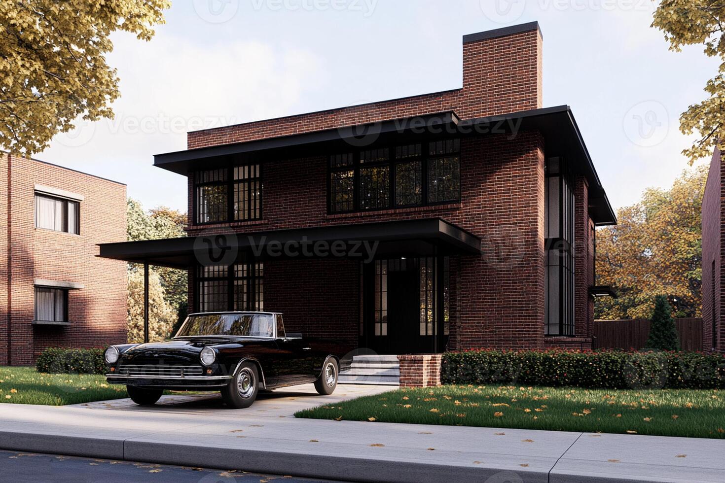 A rendering of a modern brick home with a car parked in front photo