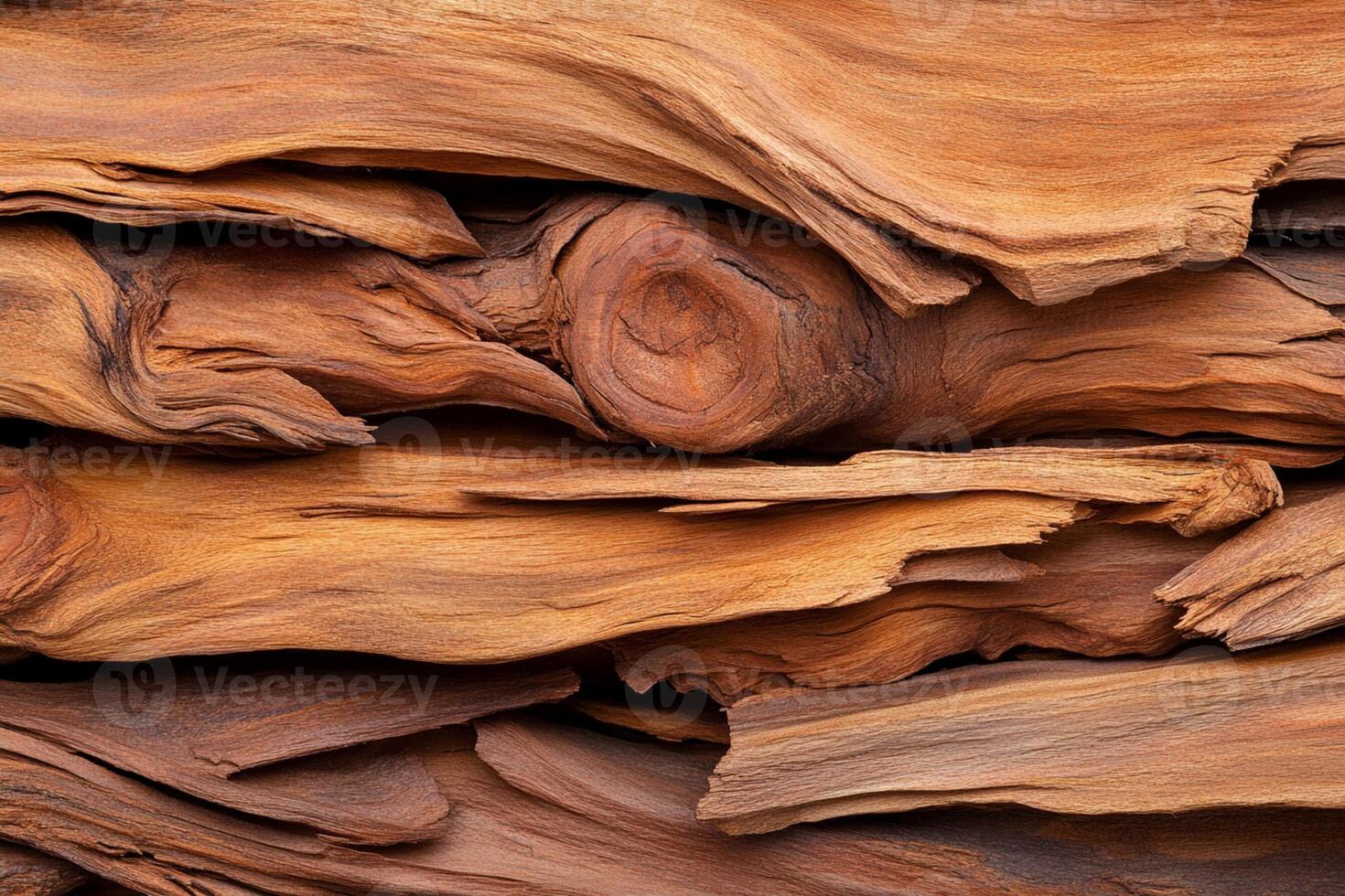 A close up of a pile of wood with a bird sitting on it photo