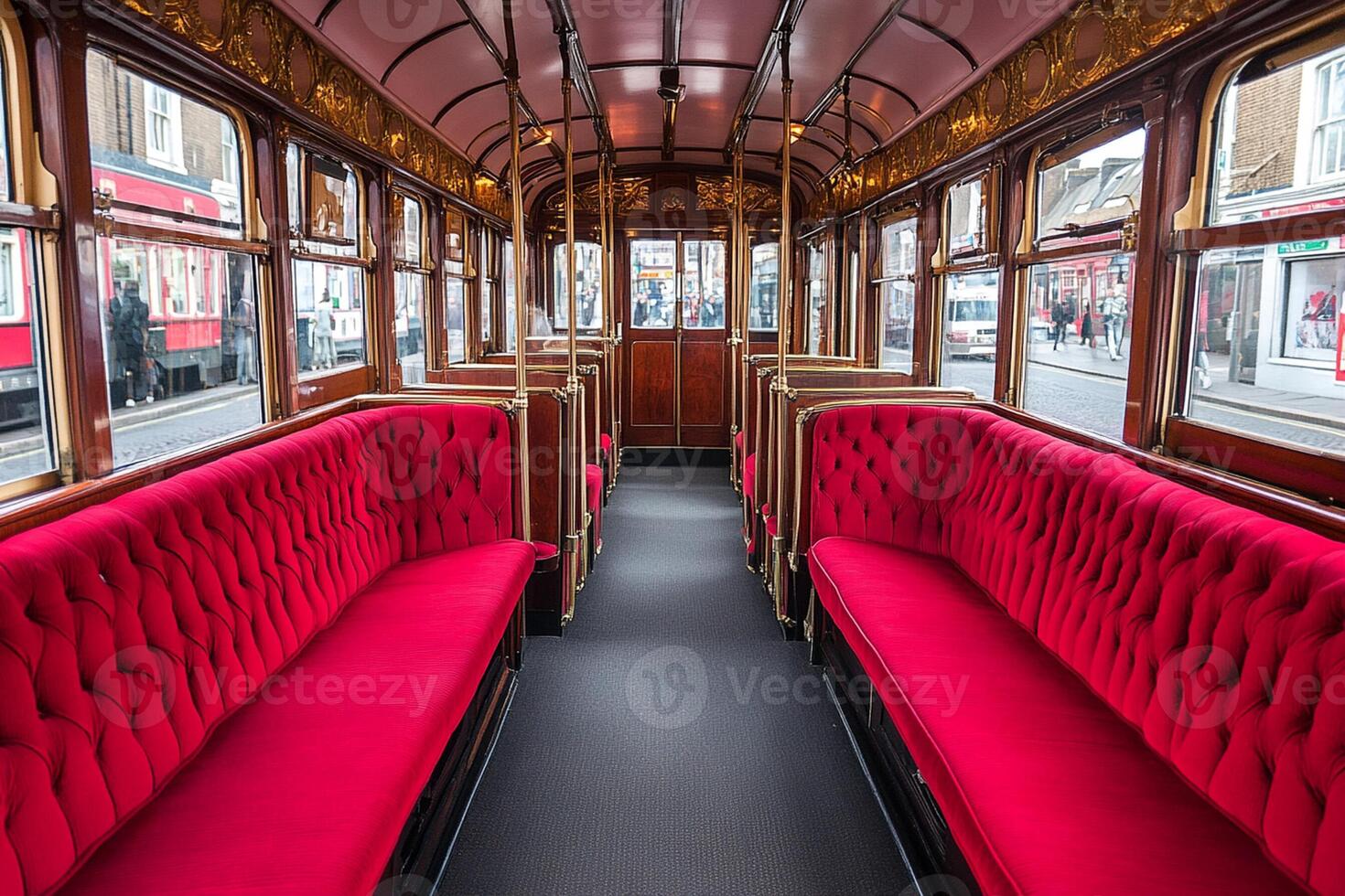 A red couch in a bus photo