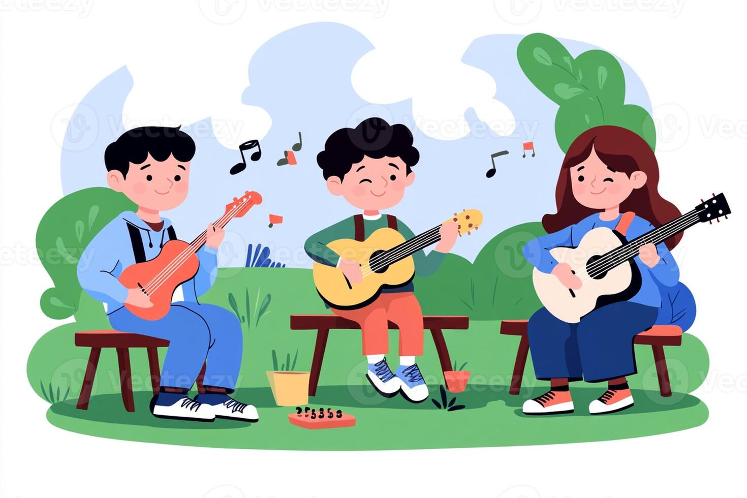 Three children playing music in the park photo