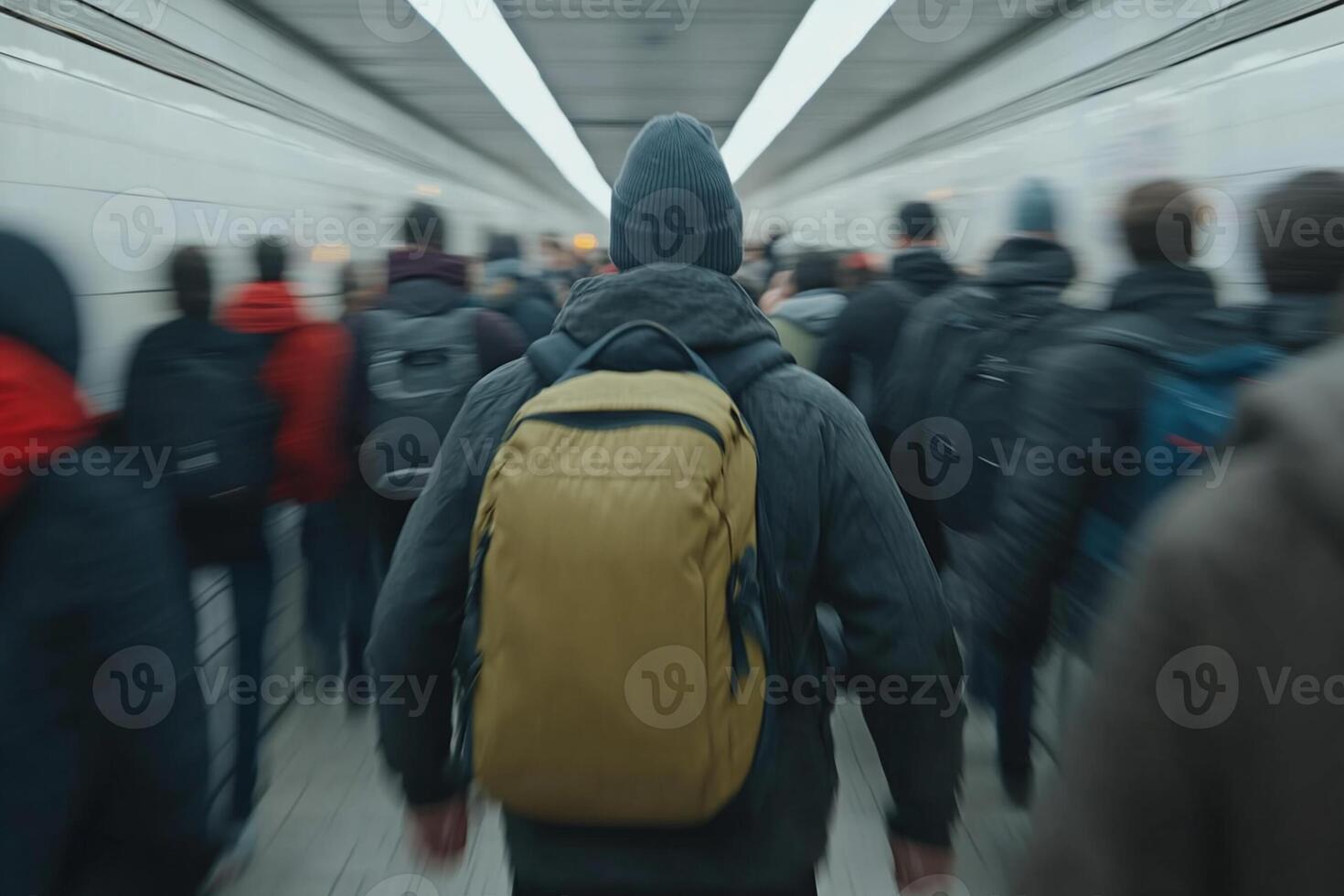 A man with a backpack is walking through a subway photo