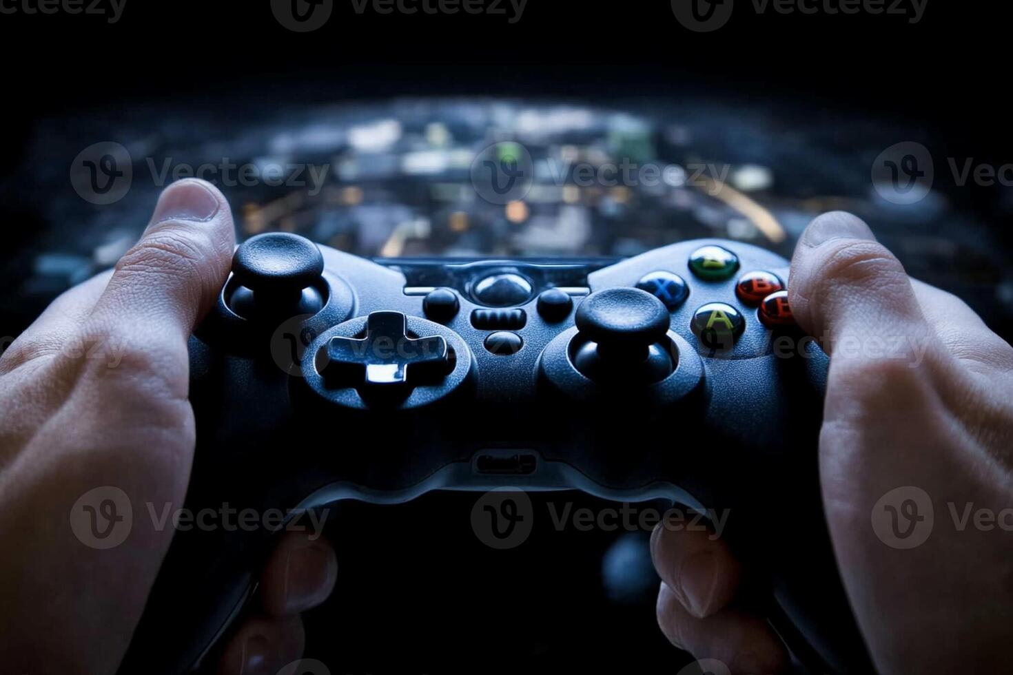 A person holding a game controller in front of a city photo