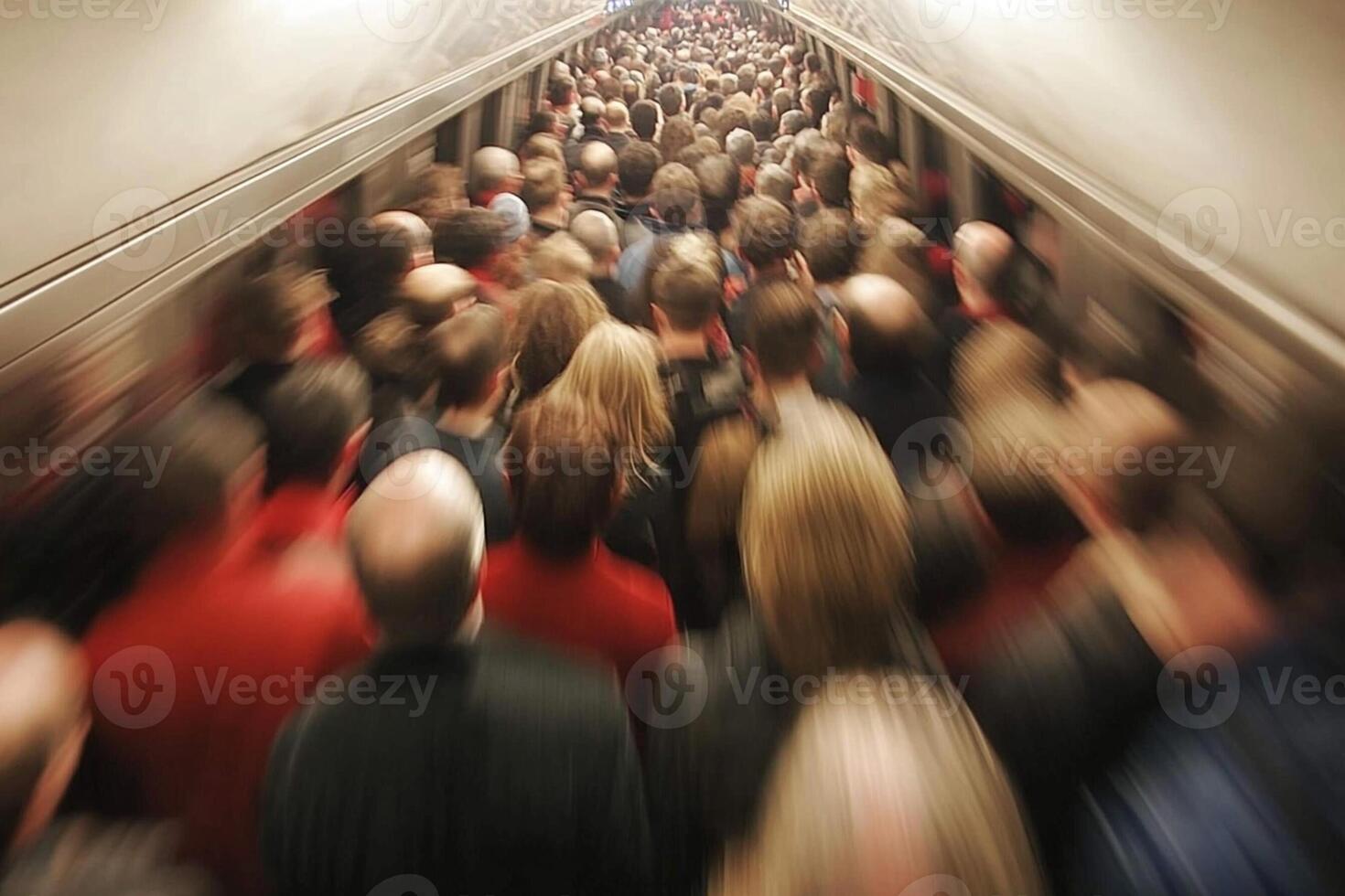 A crowd of people on an escalator photo