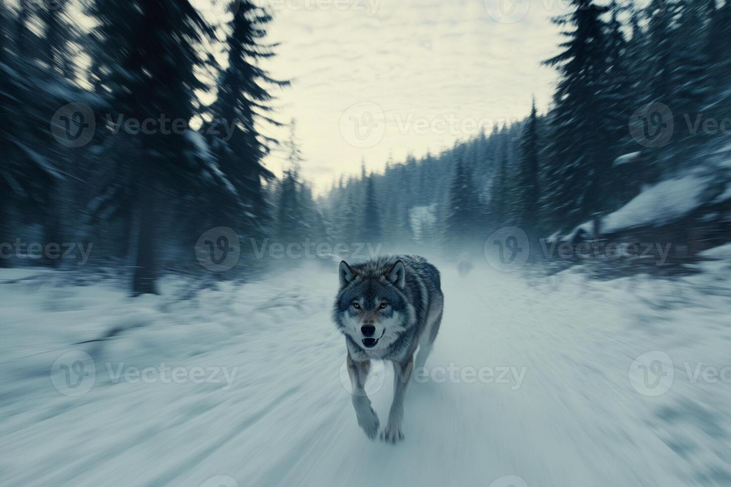 A wolf is walking through the snow in the forest photo