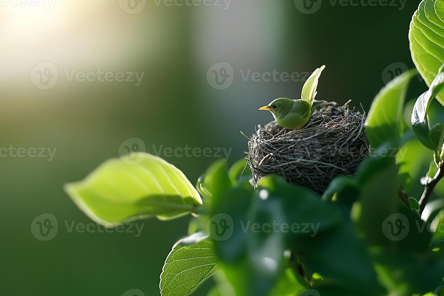 A bird is sitting in a nest on a tree photo