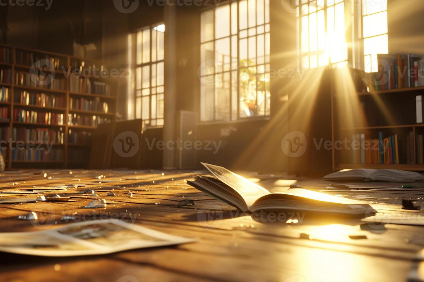 A book is open on the floor in a library photo