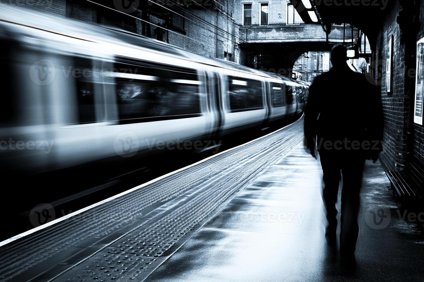 A man walking down a train track with a train coming photo