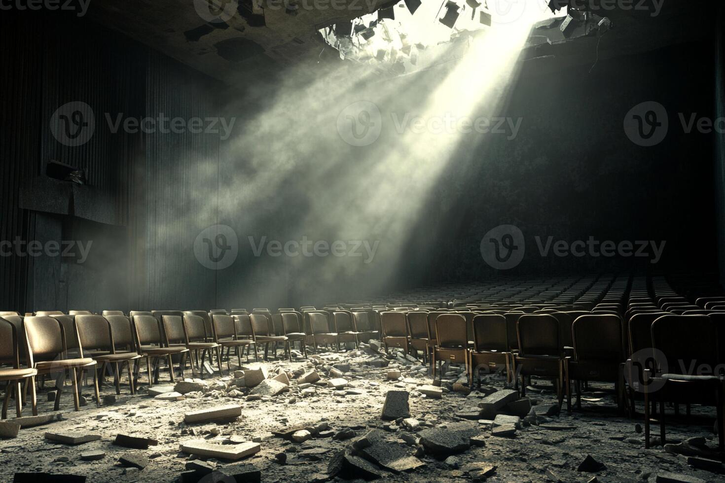 An empty auditorium with chairs and a broken window photo