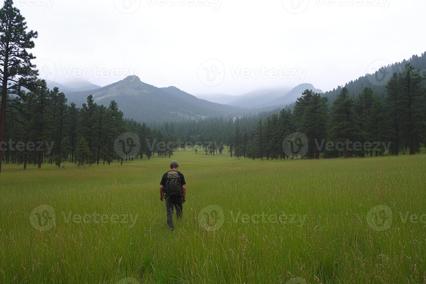 A man walking through a field of tall grass photo