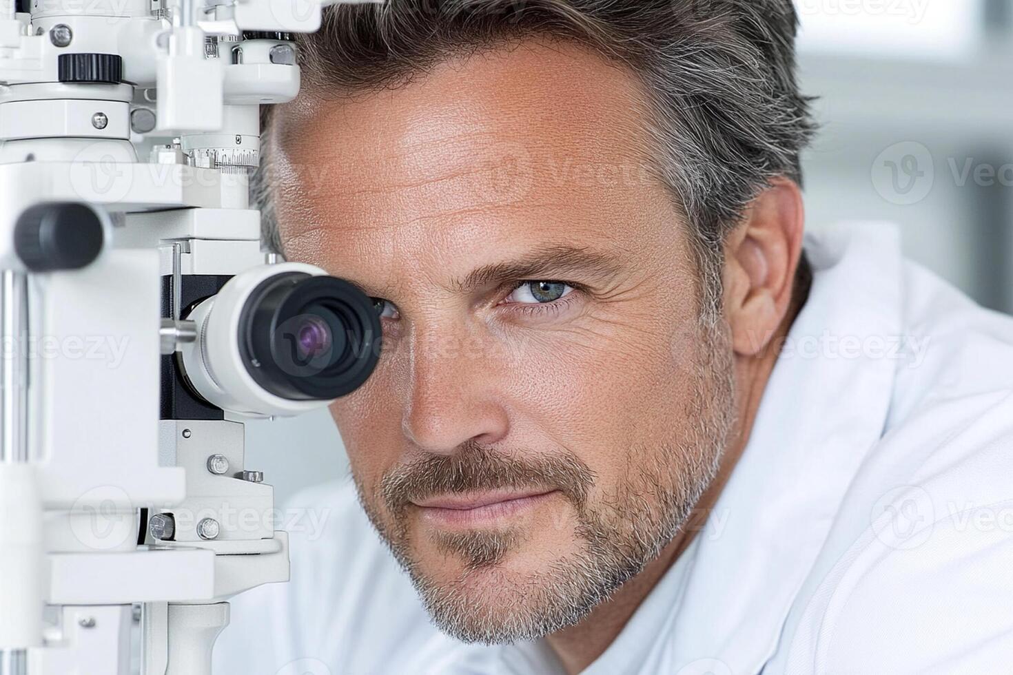 A man in a white lab coat is looking at the camera photo