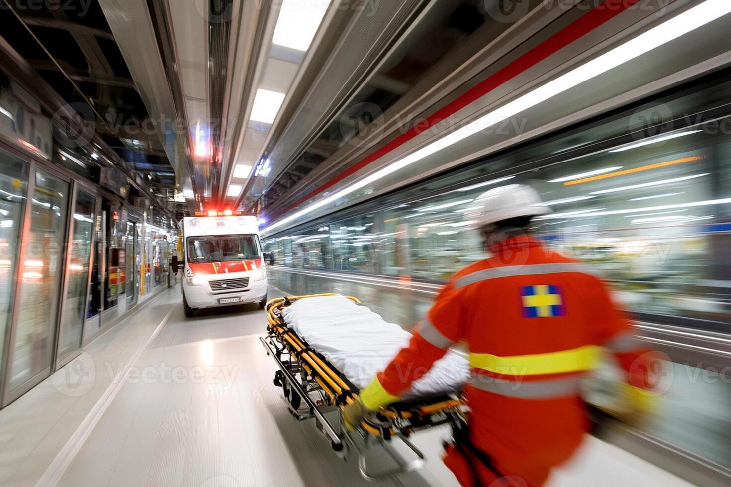 A man in an ambulance is moving down a train track photo