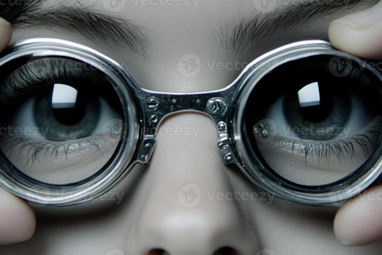 A woman is holding a pair of glasses over her eyes photo