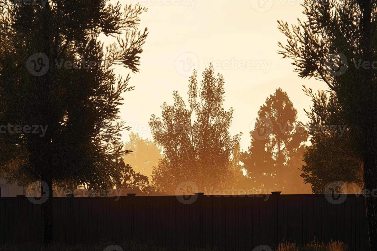 A fence and trees in the distance at sunset photo