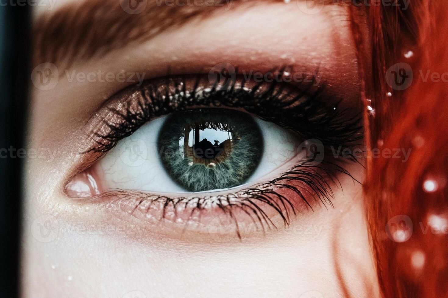 A close up of a woman's eye with red hair photo