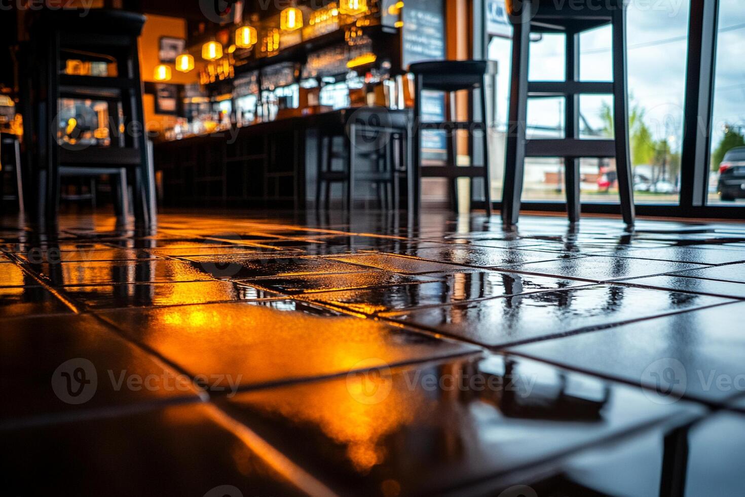 A bar with black tile floor and chairs photo