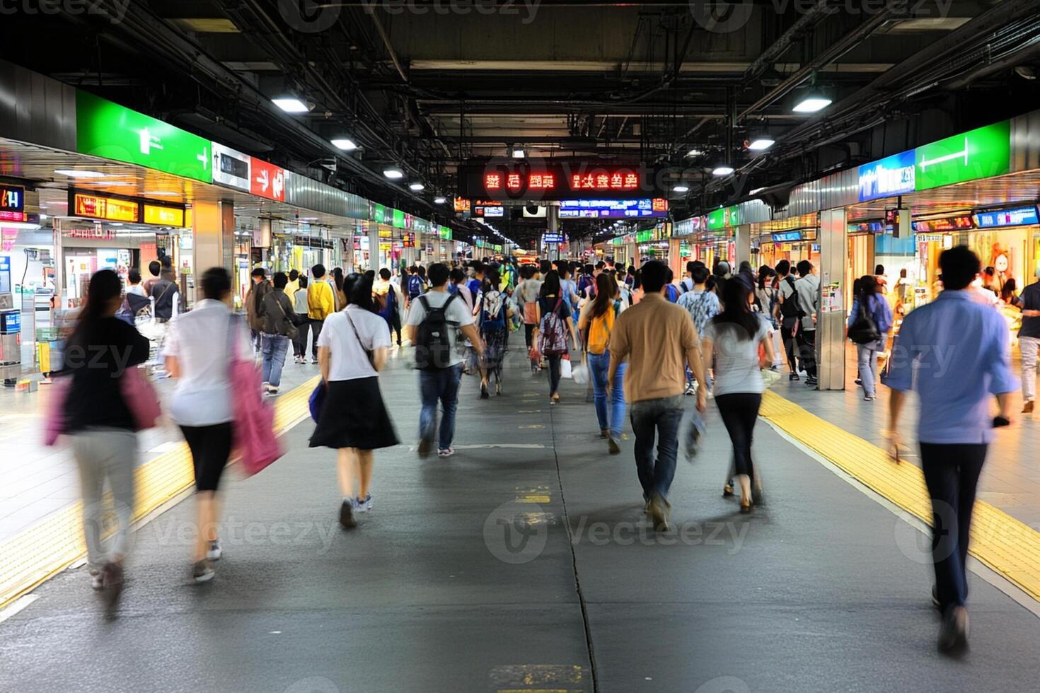A group of people walking in a train station photo