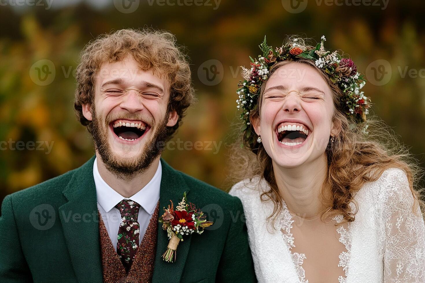 A bride and groom laughing together in a field photo