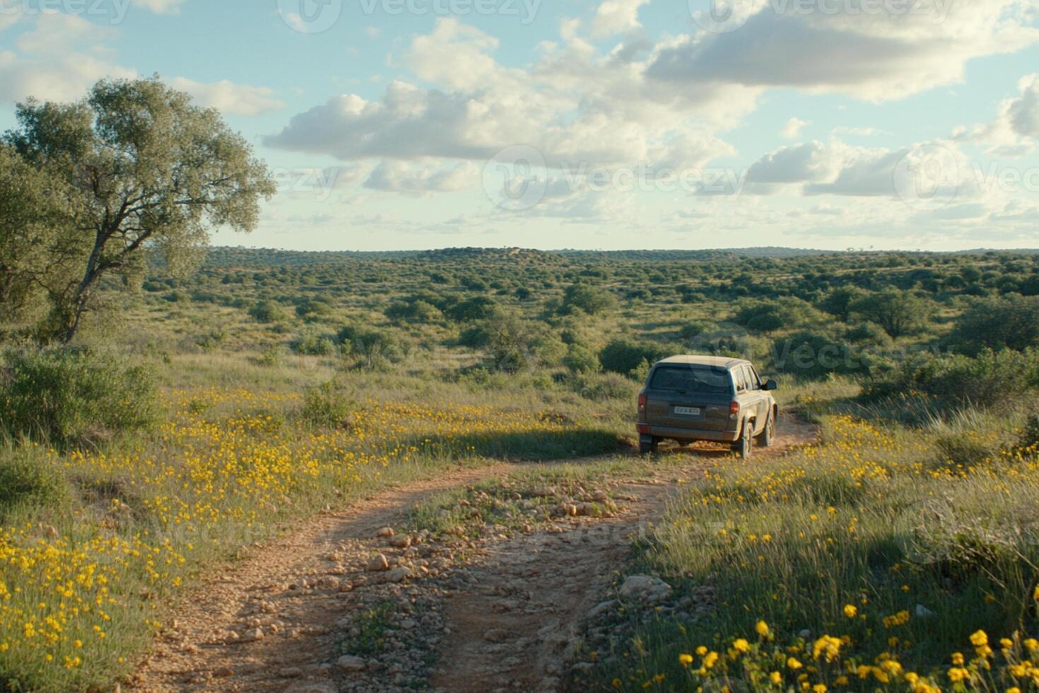 A car driving down a dirt road in the middle of a field photo