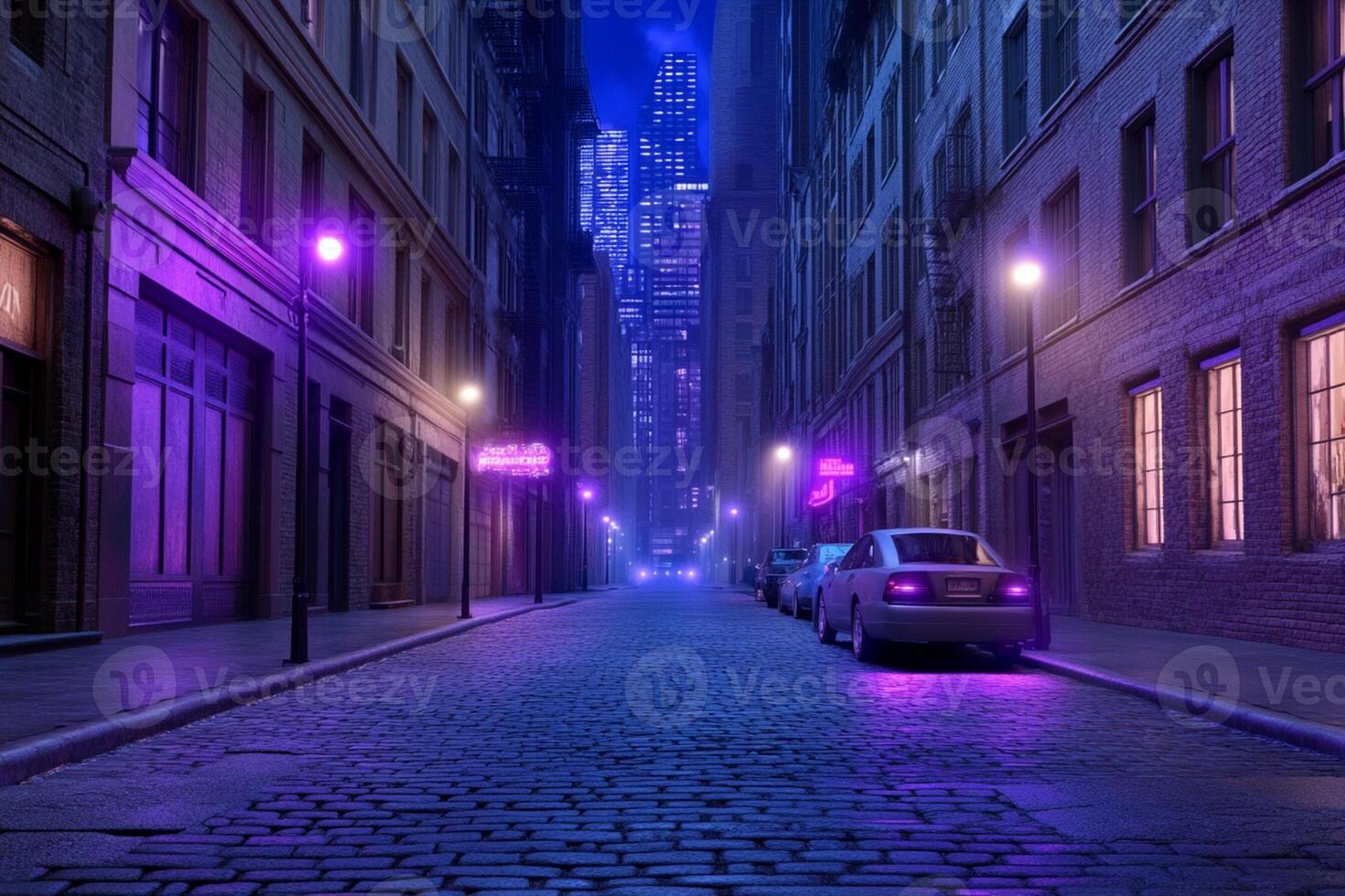 A street with purple lights on it at night photo
