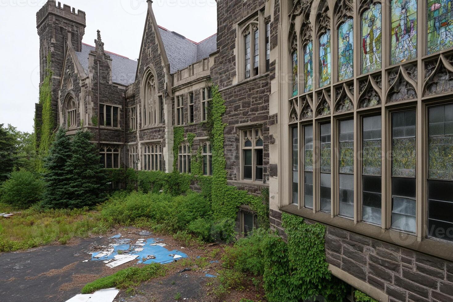 A building with many windows and a lot of weeds photo