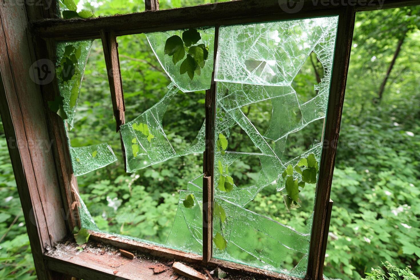 Broken window in abandoned building photo