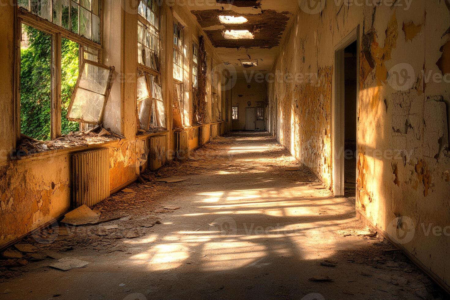 A long hallway with windows and a sun shining through photo