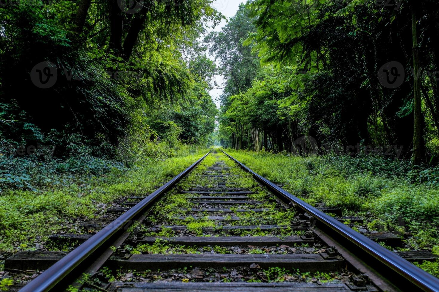 A railroad track in the middle of a forest photo