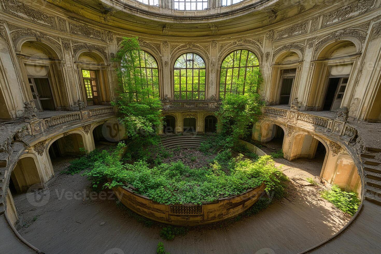 An abandoned building with a circular staircase and green plants photo