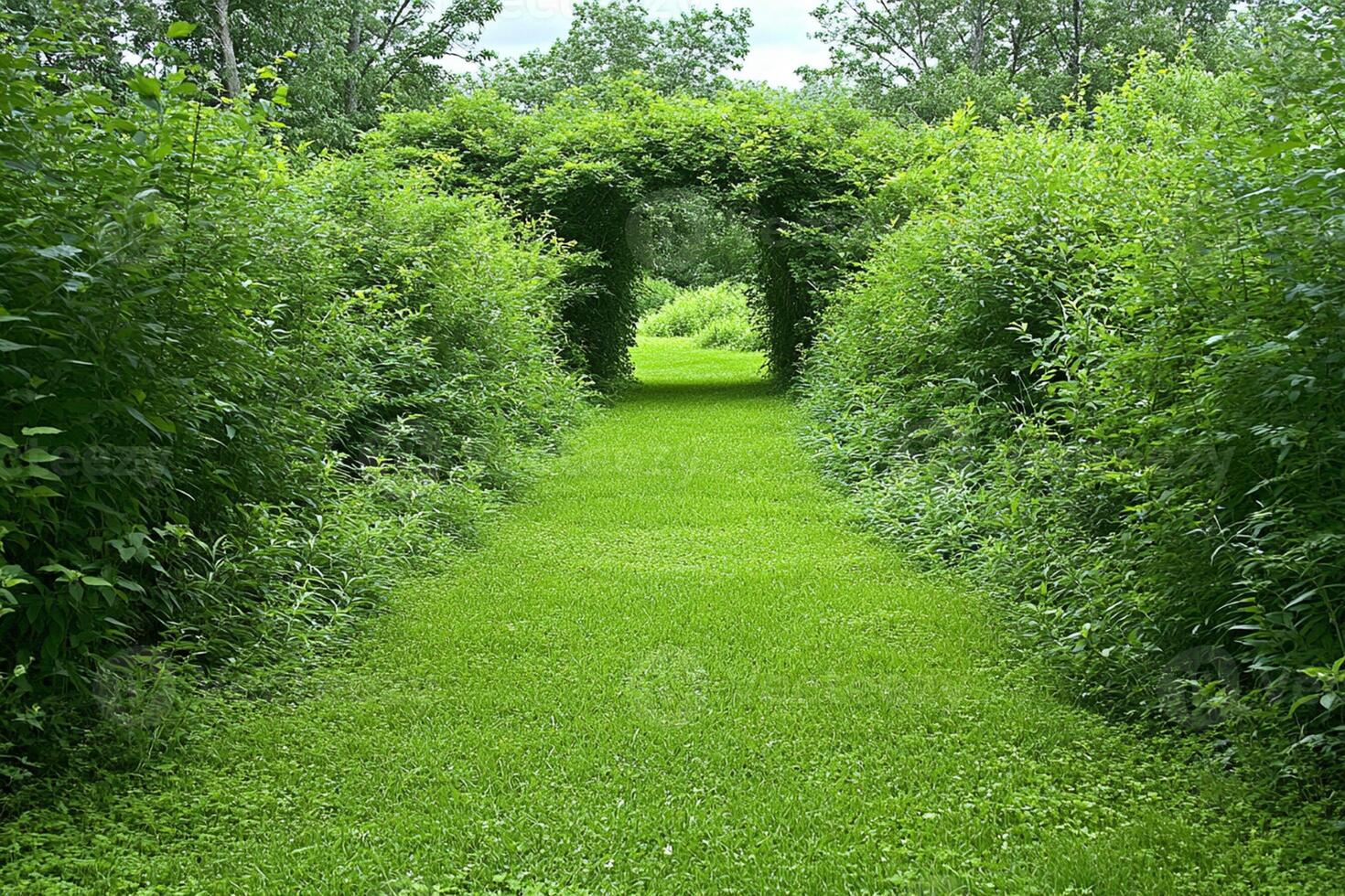 A path through a lush green field photo