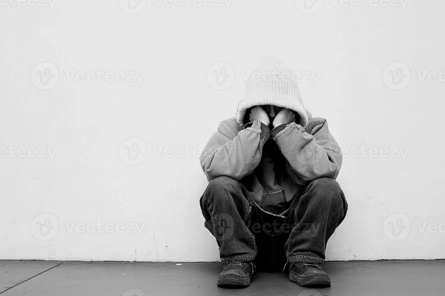 A person sitting on the ground with a hoodie on photo
