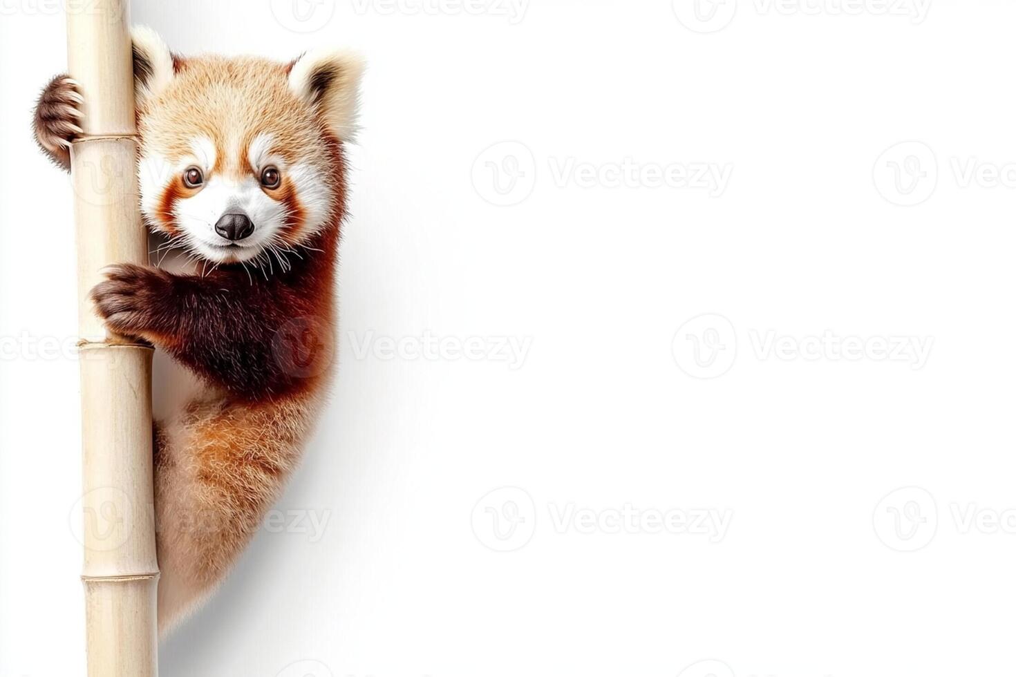 A red panda is peeking out from behind a bamboo pole photo