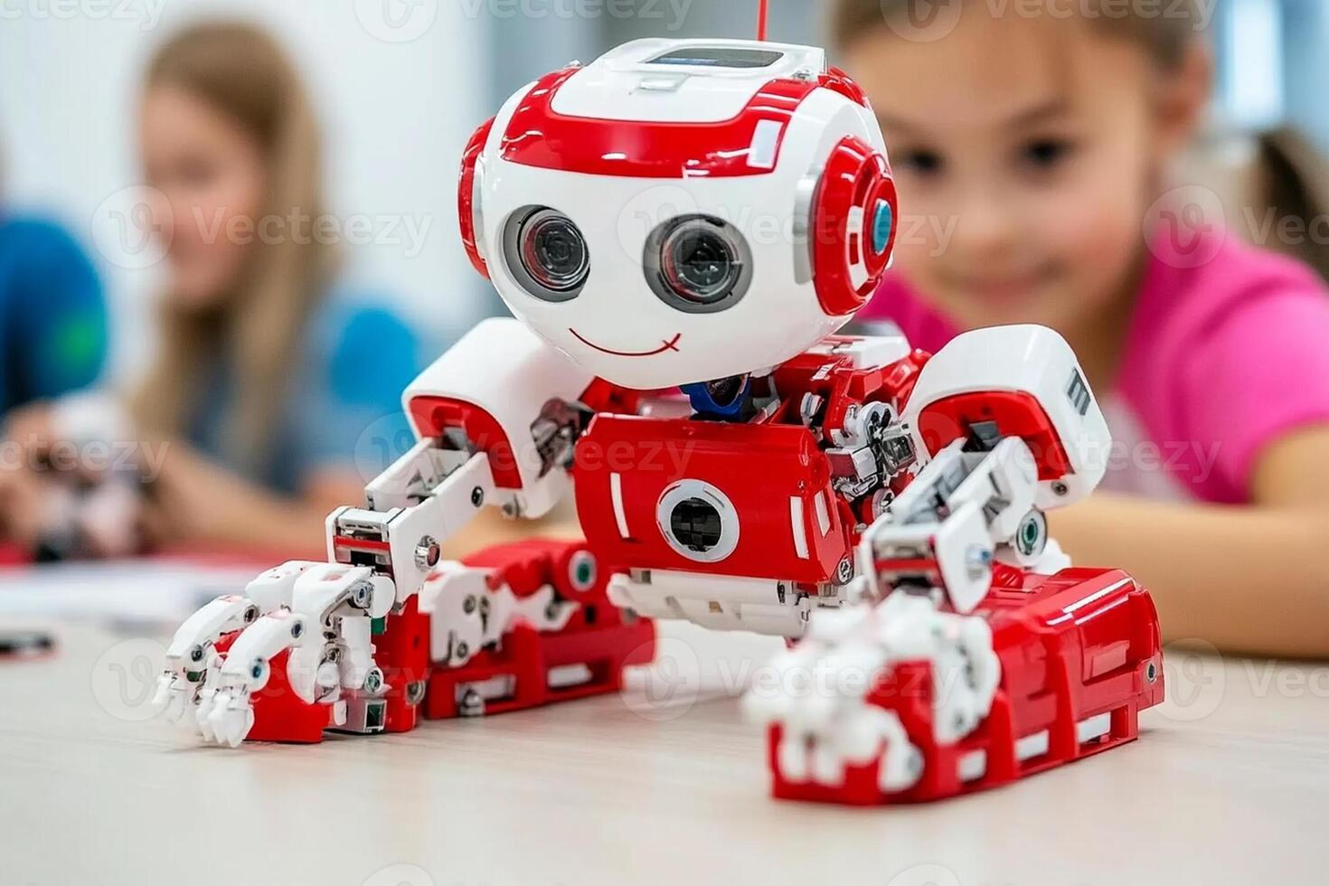 A red and white robot is sitting on a table photo