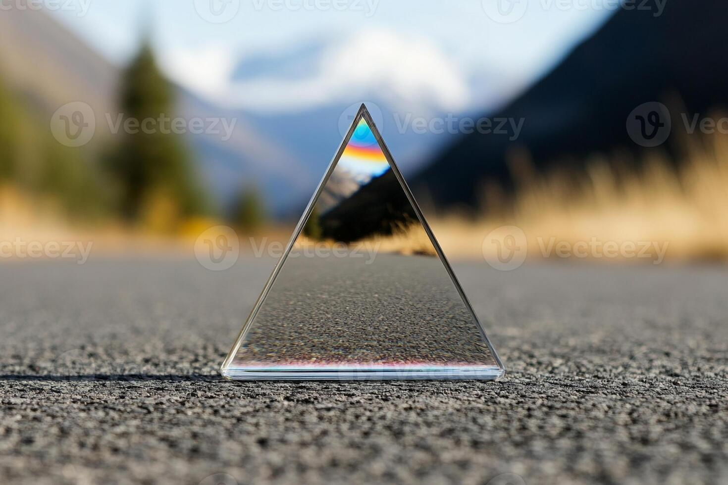 A glass pyramid with a rainbow reflected in it on the road photo