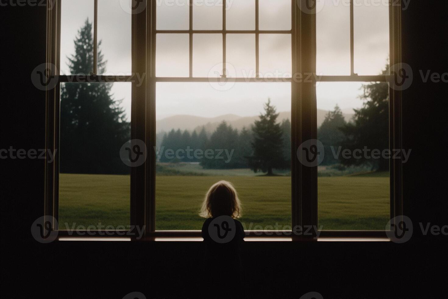 A little girl standing in front of a window looking out at a field photo