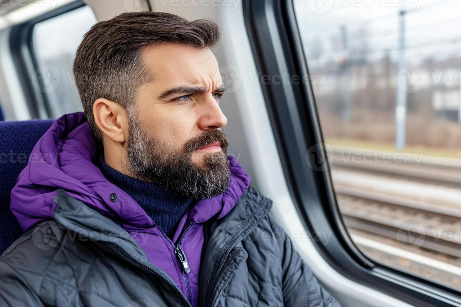A man with a beard and purple jacket sitting on a train photo