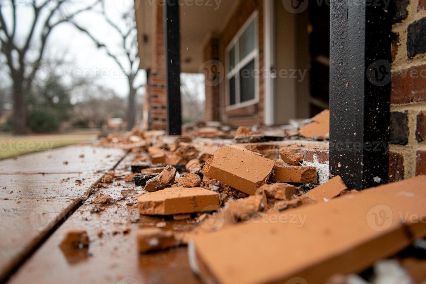 A brick wall is broken and laying on the ground photo