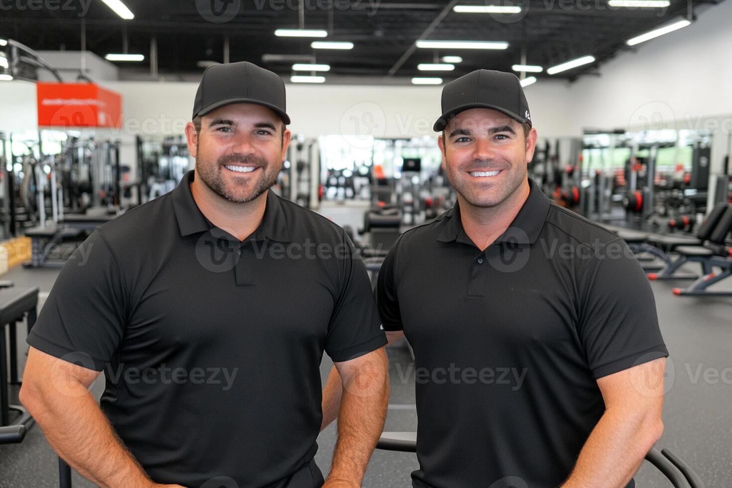 Two men in black shirts standing in a gym photo