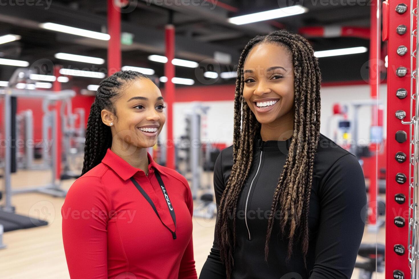 Two women standing in a gym with a red shirt photo