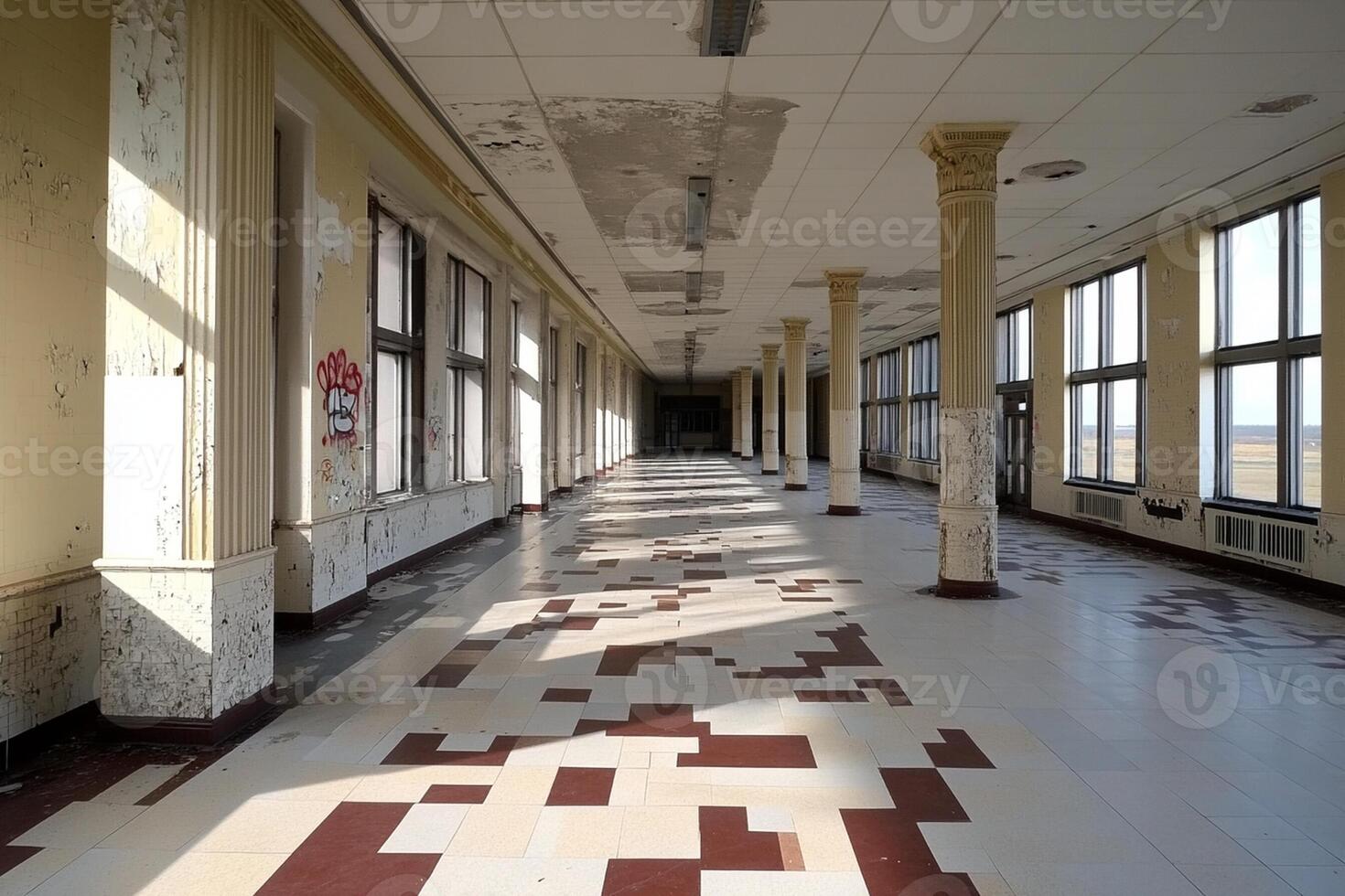 An empty hallway with tiled floors and windows photo
