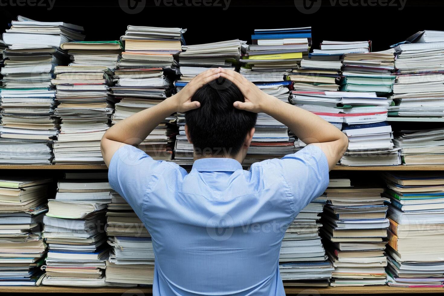A man is standing in front of a large pile of papers photo