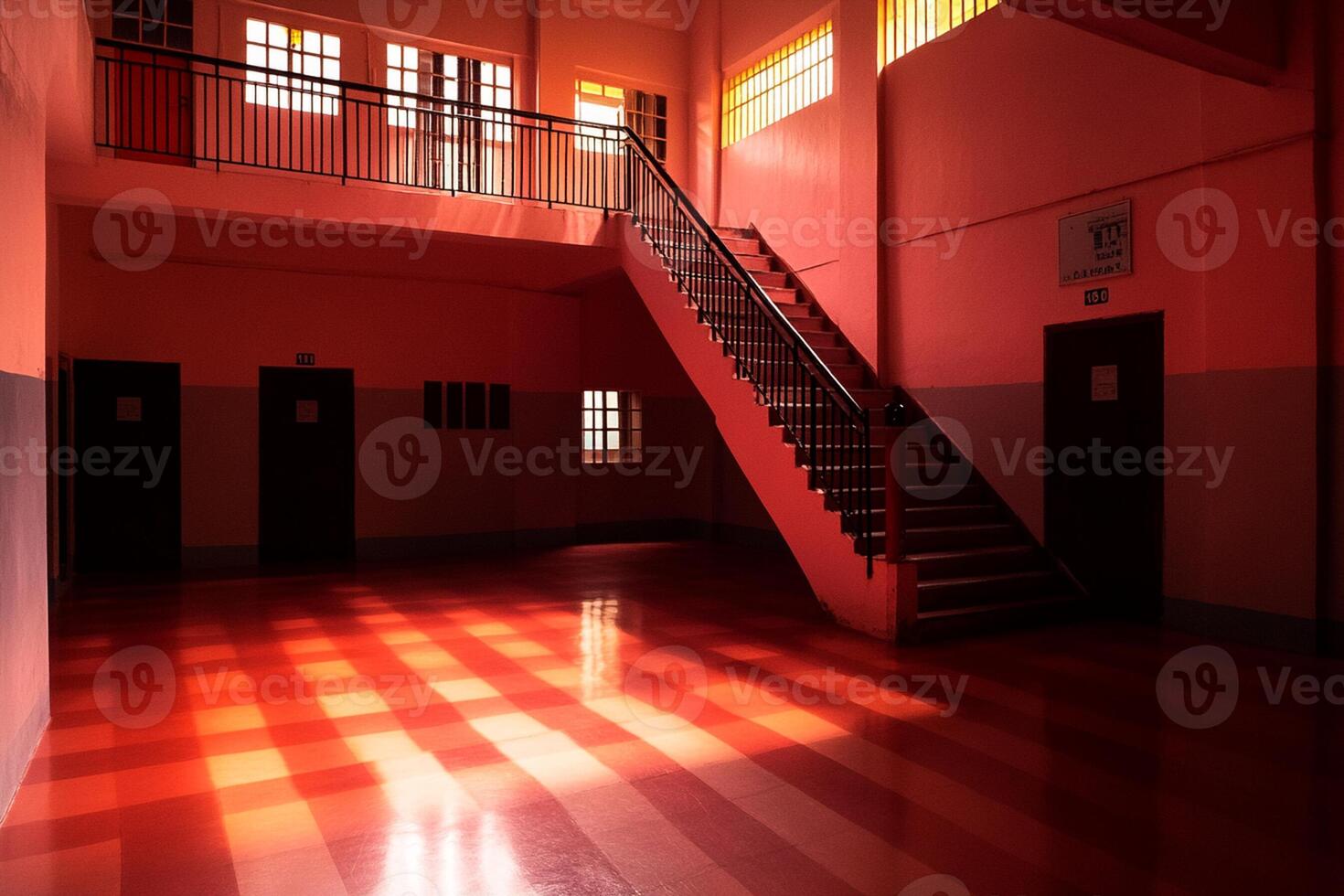 A stair case in a room with a red floor photo